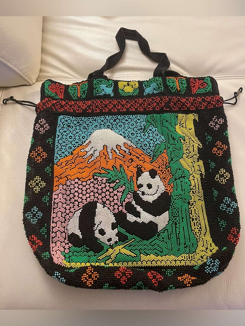 Vintage Beaded Panda Tote Bag Mount Fuji Asian Art Shoulder Bag